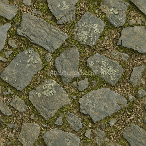 Seamless 3d texture pbr 8k of slate tiled stone with mossy stones and lichen crust
