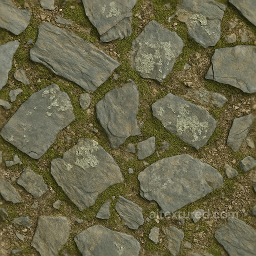 Of Slate Tiled Stone With Mossy Stones And Lichen Crust seamless Ground surface PBR texture
