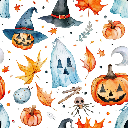 Seamless 3D PBR Texture Featuring Watercolor Halloween Pumpkins & Leaves