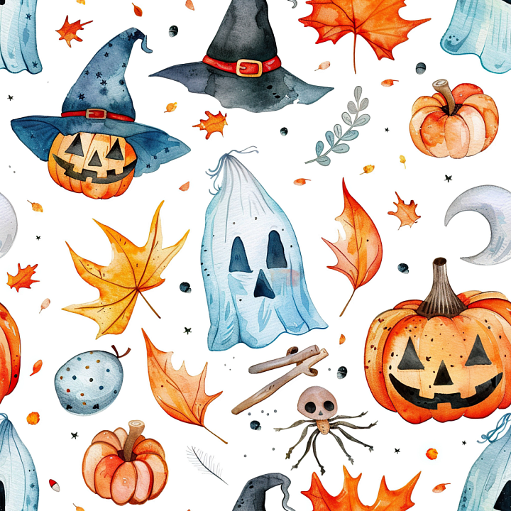 Featuring Watercolor Halloween Pumpkins & Leaves seamless PBR texture preview