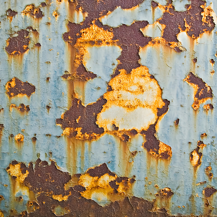 Rusted Metal with Cracked and Peeling Paint in Blue and Orange seamless PBR texture preview