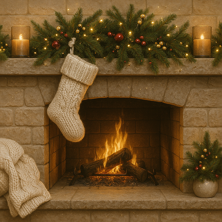 Fireplace Mantel Holiday Sparkle Christmas Eve Cozy Wool Warm Fire Glow seamless PBR texture preview