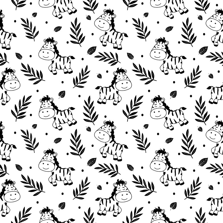 Pattern Featuring Cute Zebra Motifs and Tropical Leaves seamless PBR texture preview