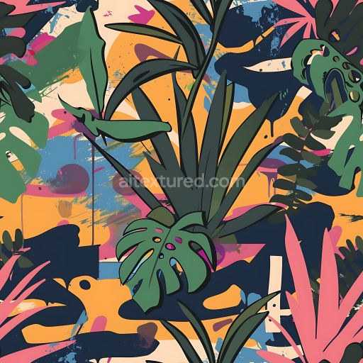 Seamless 3D Stylized Jungle Camouflage PBR Texture with Tropical Foliage