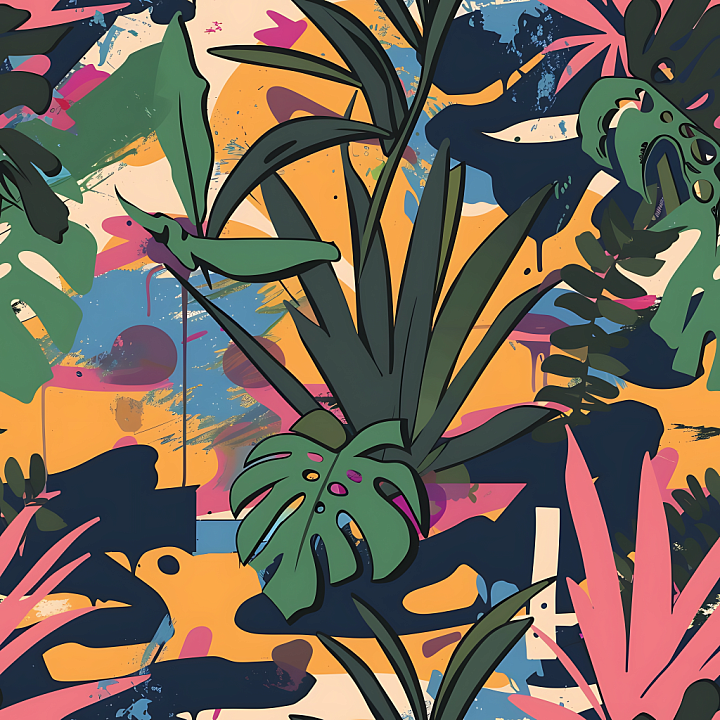 Stylized Jungle Camouflage with Tropical Foliage seamless PBR texture preview
