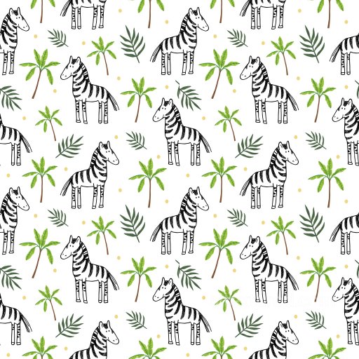 Seamless 3D Pattern PBR Texture Featuring Hand-Drawn Zebras & Tropical Leaves texture preview