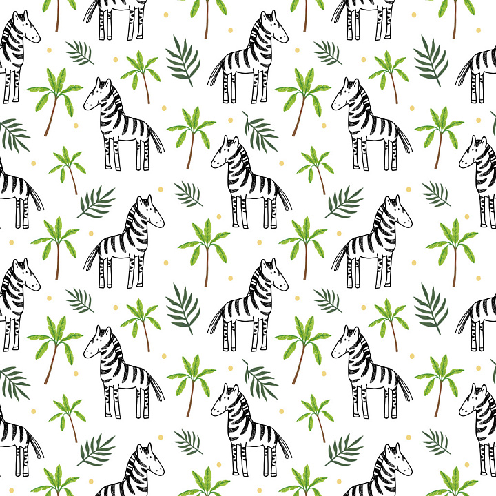 Pattern Featuring Hand-Drawn Zebras & Tropical Leaves seamless PBR texture preview