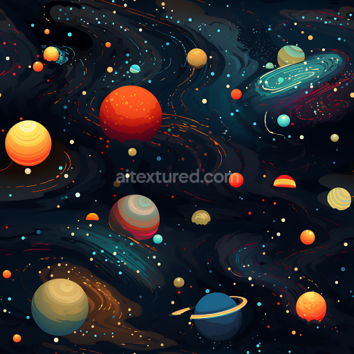 Preview — Seamless 3D Space PBR Texture Featuring Colorful Planets & Swirling Cosmic Clouds