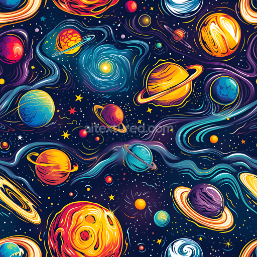 Seamless 3D Space PBR Texture Featuring Vibrant Planets and Stylized Galactic Swirls