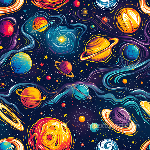 Space PBR Texture Featuring Vibrant Planets and Stylized Galactic Swirls seamless Star, space, planets PBR texture
