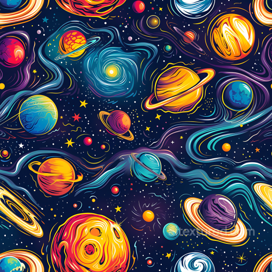 Space PBR Texture Featuring Vibrant Planets and Stylized Galactic Swirls Star, space, planets texture preview