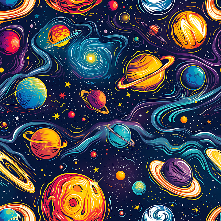 Space Featuring Vibrant Planets and Stylized Galactic Swirls seamless PBR texture preview