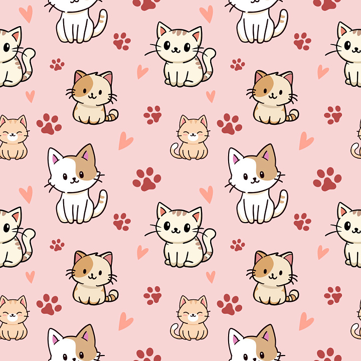 Pattern with Cute Cartoon Cats and Paw Prints seamless PBR texture preview