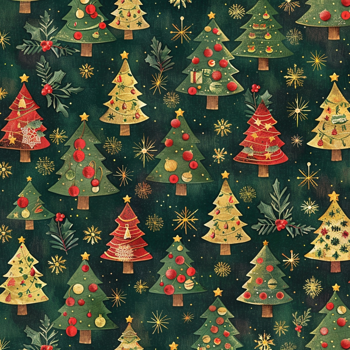 Digital Paper with Festive Christmas Trees and Ornaments seamless PBR texture preview