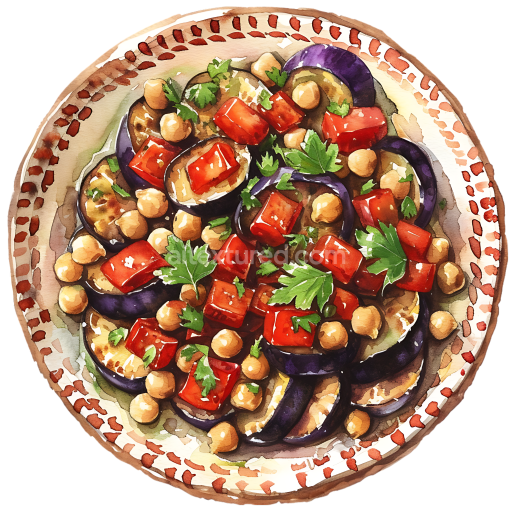 Watercolor Style Eggplant and Chickpea Salsa Breakfast Plate Illustration