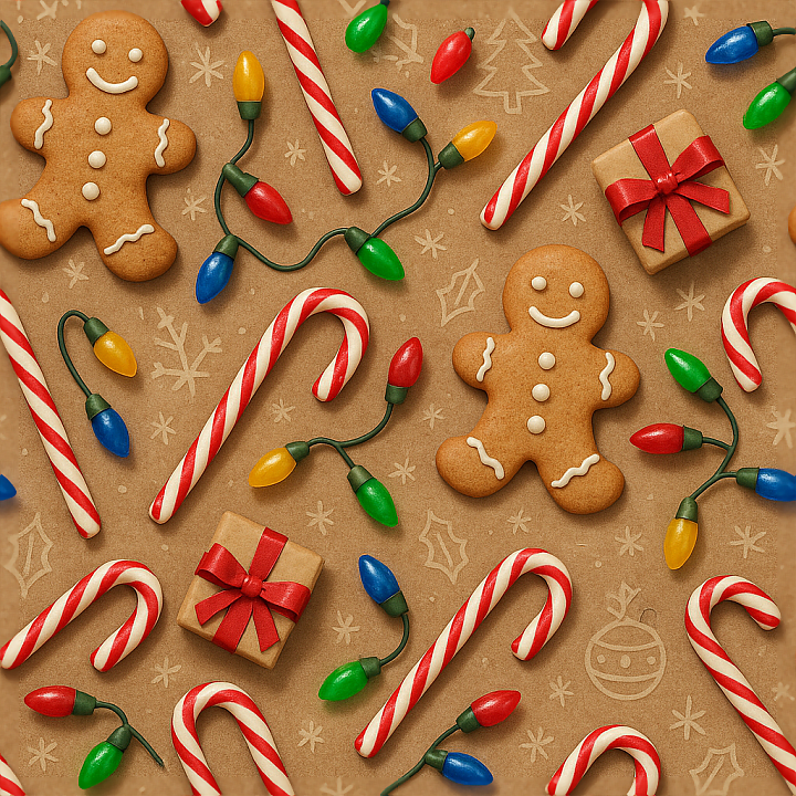 Gingerbread Candy Canes Christmas Lights Wrapping Paper seamless PBR texture preview