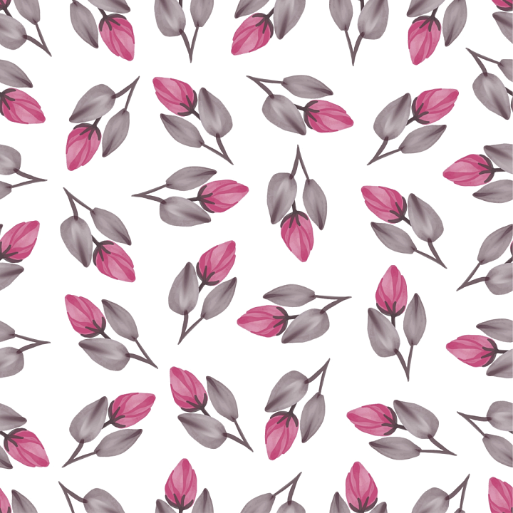 Stylized Pink Flower Fabric Pattern with Gray Leaves seamless PBR texture preview