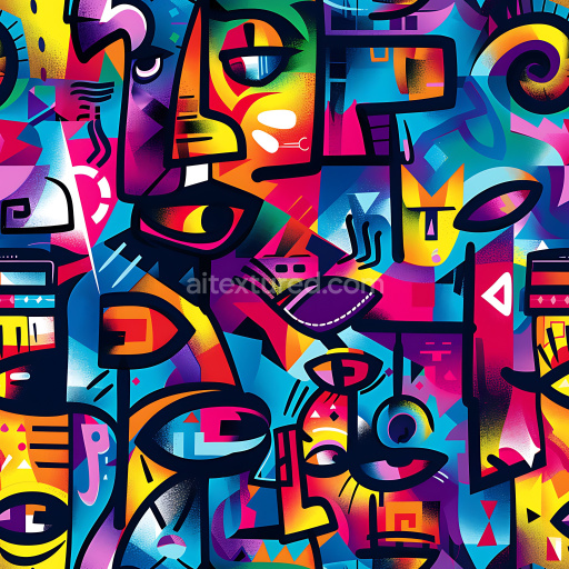 Seamless 3D PBR Graffiti Texture Featuring Abstract Faces in Vibrant Colors
