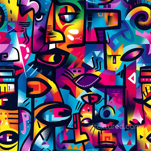 Seamless 3D PBR Graffiti Texture Featuring Abstract Faces in Vibrant Colors texture preview