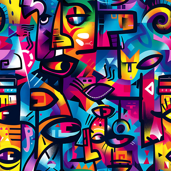 Graffiti Featuring Abstract Faces in Vibrant Colors seamless PBR texture preview