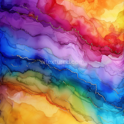 Seamless 3D Alcohol Ink PBR Texture with Vibrant Rainbow Waves and Gold Veins