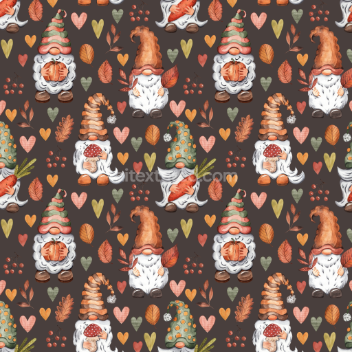 Seamless 3D PBR Christmas Watercolor Texture Featuring Hand-Painted Gnomes and Autumn Motifs