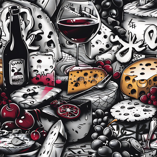 Seamless 3D PBR Graffiti Texture Featuring Wine, Cheese, and Fruit Art