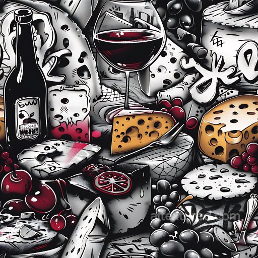 Seamless 3D PBR Graffiti Texture Featuring Wine, Cheese, and Fruit Art texture preview