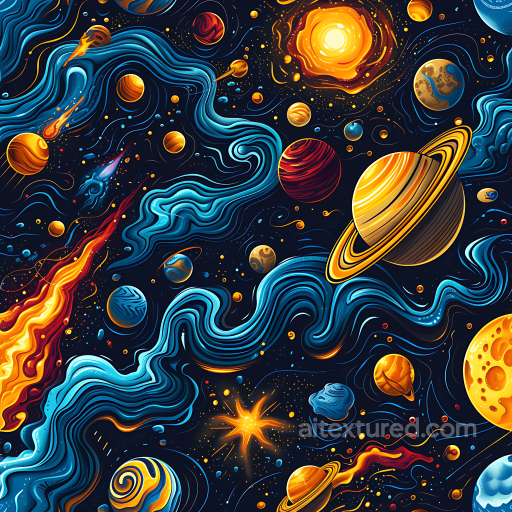 Space PBR Texture with Stylized Planets, Nebula Streams, and Stellar Glow seamless Star, space, planets PBR texture
