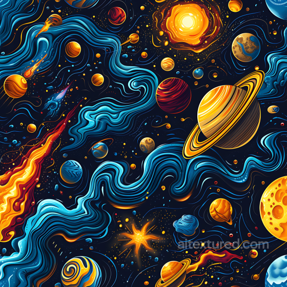Space PBR Texture with Stylized Planets, Nebula Streams, and Stellar Glow Star, space, planets texture preview