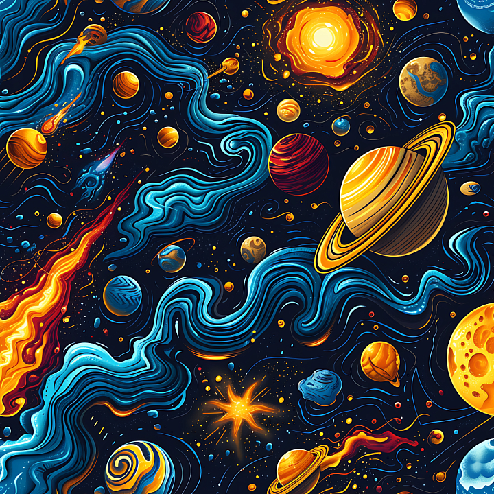 Space with Stylized Planets, Nebula Streams, and Stellar Glow seamless PBR texture preview