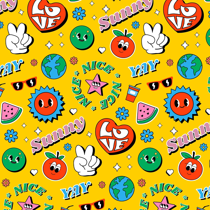 Bright Yellow Cartoon Happy Face Pattern seamless PBR texture preview