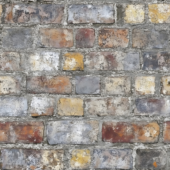 Weathered Cracked Brick Wall with Multicolor Patina seamless PBR texture preview