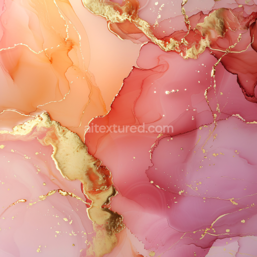 Seamless 3D Alcohol Ink PBR Texture Featuring Gold Veins and Coral Peach Fluid Swirls