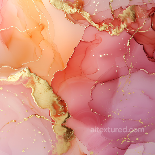 Alcohol Ink PBR Texture Featuring Gold Veins and Coral Peach Fluid Swirls seamless Alcohol ink PBR texture