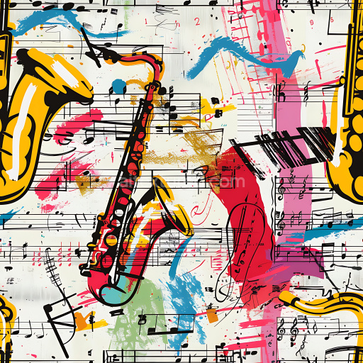 Seamless 3D PBR Texture of Vibrant Graffiti Featuring Saxophones and Music Notes