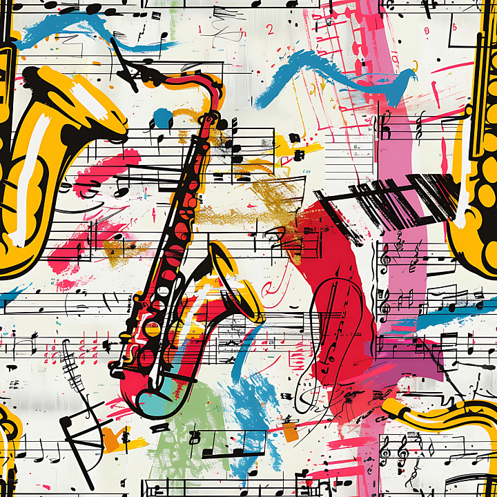 Vibrant Graffiti Featuring Saxophones and Music Notes seamless PBR texture preview