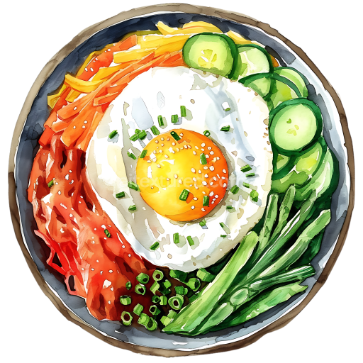Vibrant Bibimbap Breakfast Bowl with Fried Egg and Fresh Vegetables Illustration