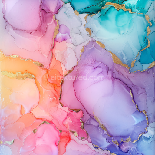 Seamless 3D Alcohol Ink PBR Texture Featuring Pastel Fluid Swirls with Gold Veining