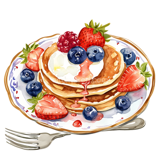 Watercolor Pancakes Brunch Plate with Strawberries, Blueberries, and Syrup