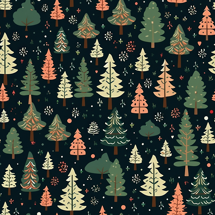 Featuring Stylized Christmas Trees Pattern on Dark Background seamless PBR texture preview