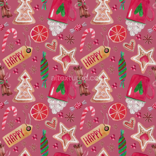 Seamless 3D PBR Texture of Christmas Digital Paper Featuring Festive Cookies and Holiday Motifs