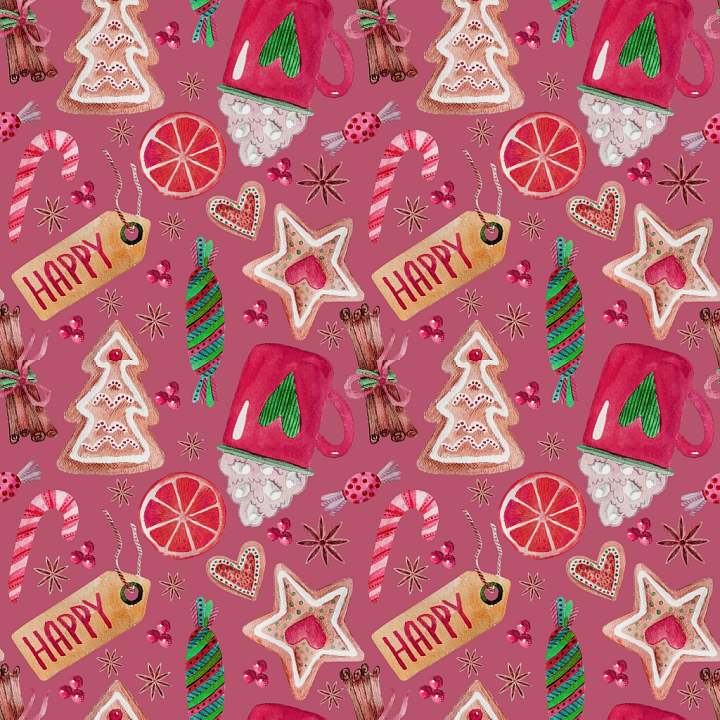 Watercolor Christmas Digital Paper with Festive Cookies and Ornaments seamless PBR texture preview