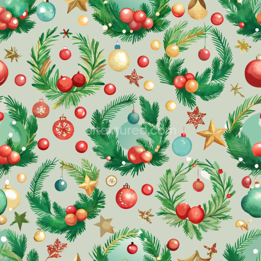 Seamless 3D PBR Watercolor Christmas Wreath and Ornament Pattern Texture