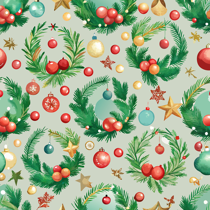 Watercolor Christmas Wreath and Ornament Pattern seamless PBR texture preview