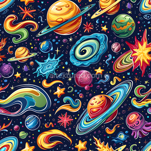 Seamless 3D PBR Space Texture with Vibrant Cartoon Planets and Cosmic Elements