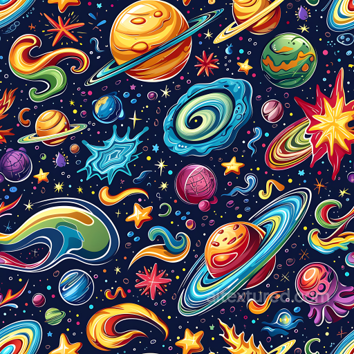 Space Texture with Vibrant Cartoon Planets and Cosmic Elements seamless Star, space, planets PBR texture