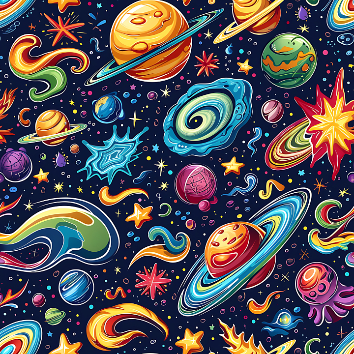 Space with Vibrant Cartoon Planets and Cosmic Elements seamless PBR texture preview
