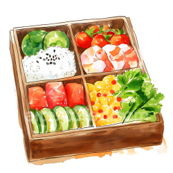 seamless Watercolor Bento Box Breakfast Graphic Featuring Shrimp, Rice, and Fresh Veggies texture 8k free download PBR