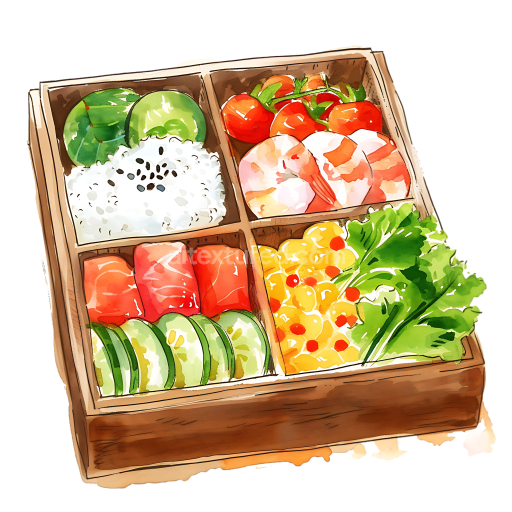 Watercolor Bento Box Breakfast Graphic Featuring Shrimp, Rice, and Fresh Veggies